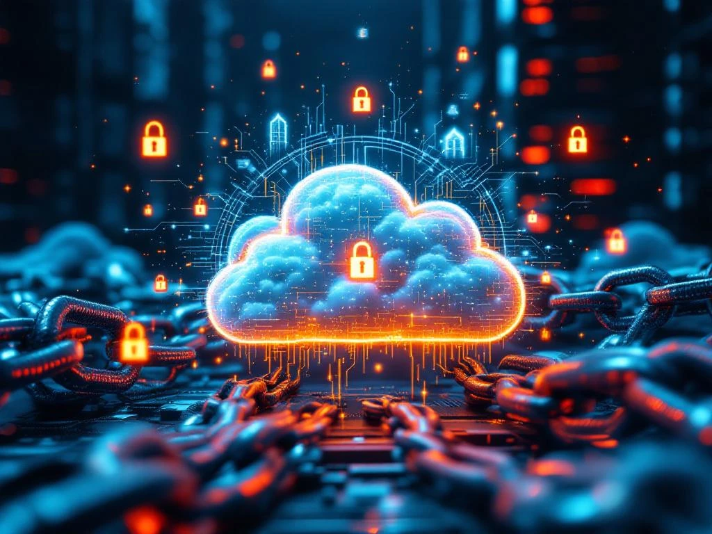 Gloeiende wolk gevangen in metalen kooien van serverrekken met waarschuwingssymbolen en bedrijfsgebouwen op achtergrond