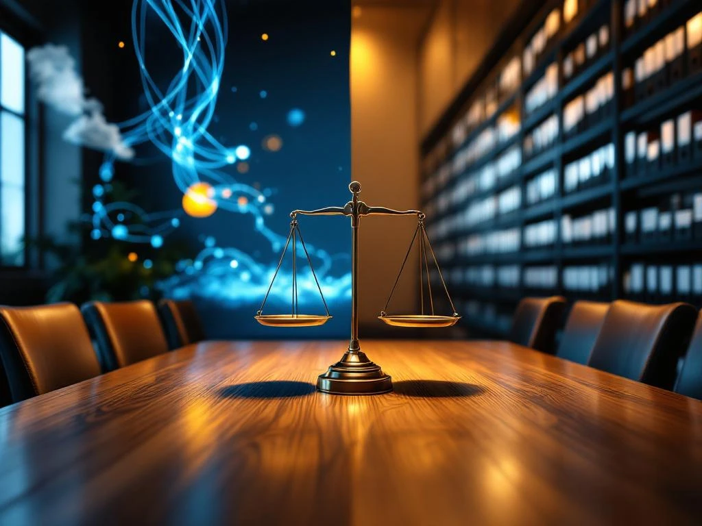 Professionele kompas op conferentietafel tussen moderne cloud-infrastructuur en corporate gebouw met blauwe en gouden accenten