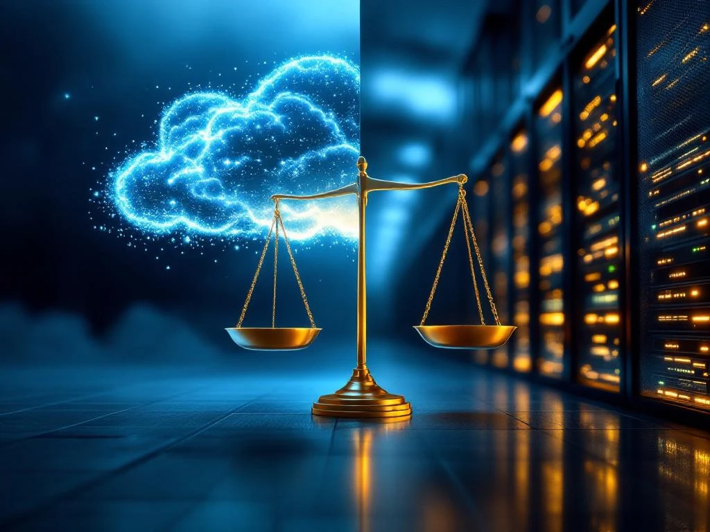 Gouden weegschaal tussen cloud computing servers links en fysiek datacenter rechts, dramatische blauwe en amber verlichting