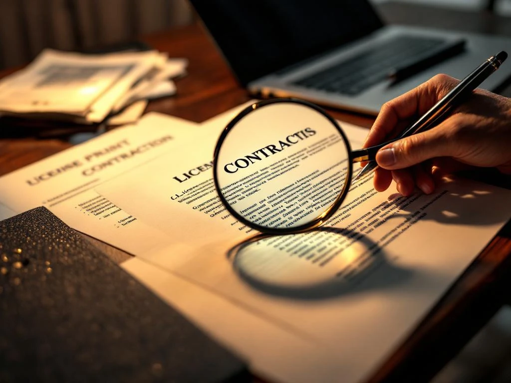 Handen houden vergrootglas boven contractdocumenten op houten bureau, met laptop en pen voor juridische analyse