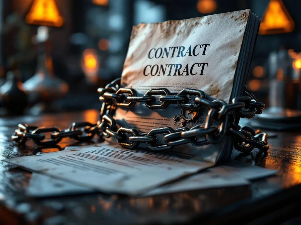 Metalen contract met zware kettingen en tandwielen op donker houten bureau met waarschuwingssymbolen op achtergrond