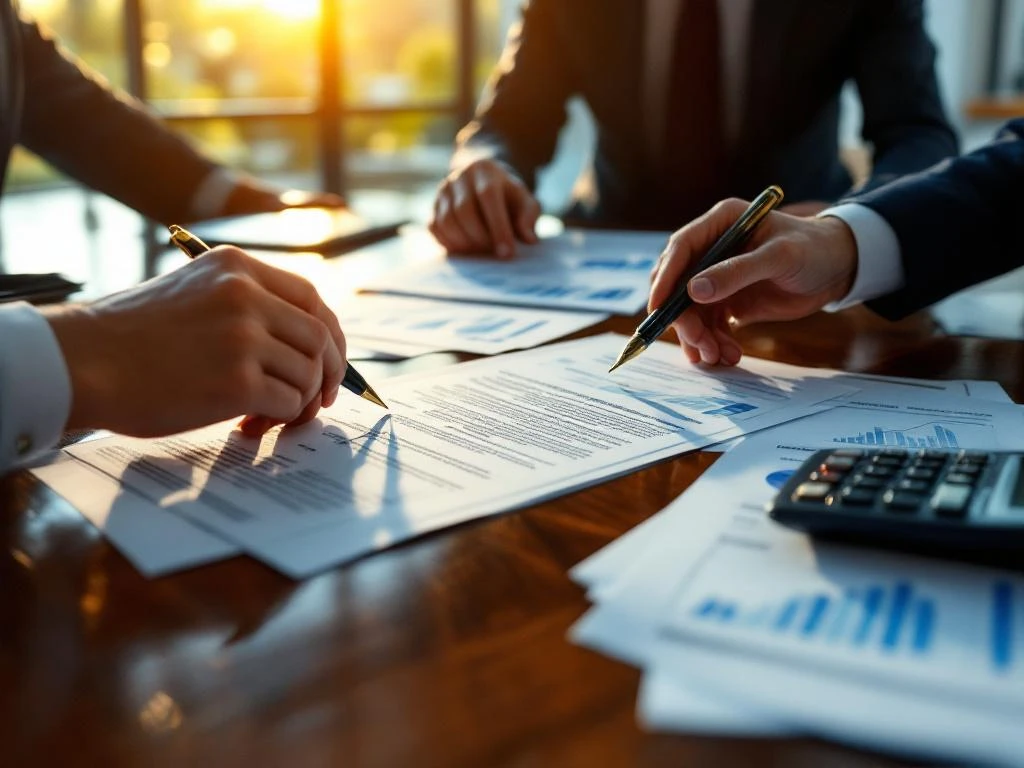 Zakelijke handen bij contractonderhandelingen over IT-licenties met financiële grafieken op mahonie tafel