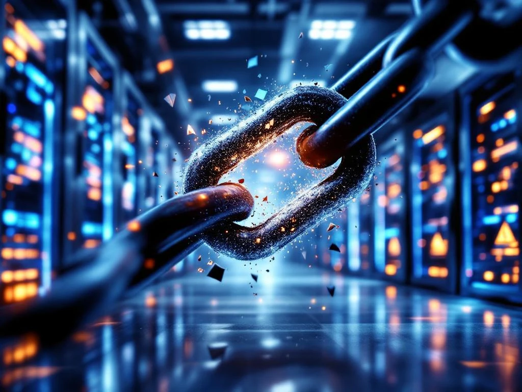 Stalen keten met digitale glitch-effecten in modern kantoor met servers, symboliseert IT-kwetsbaarheid en afhankelijkheid