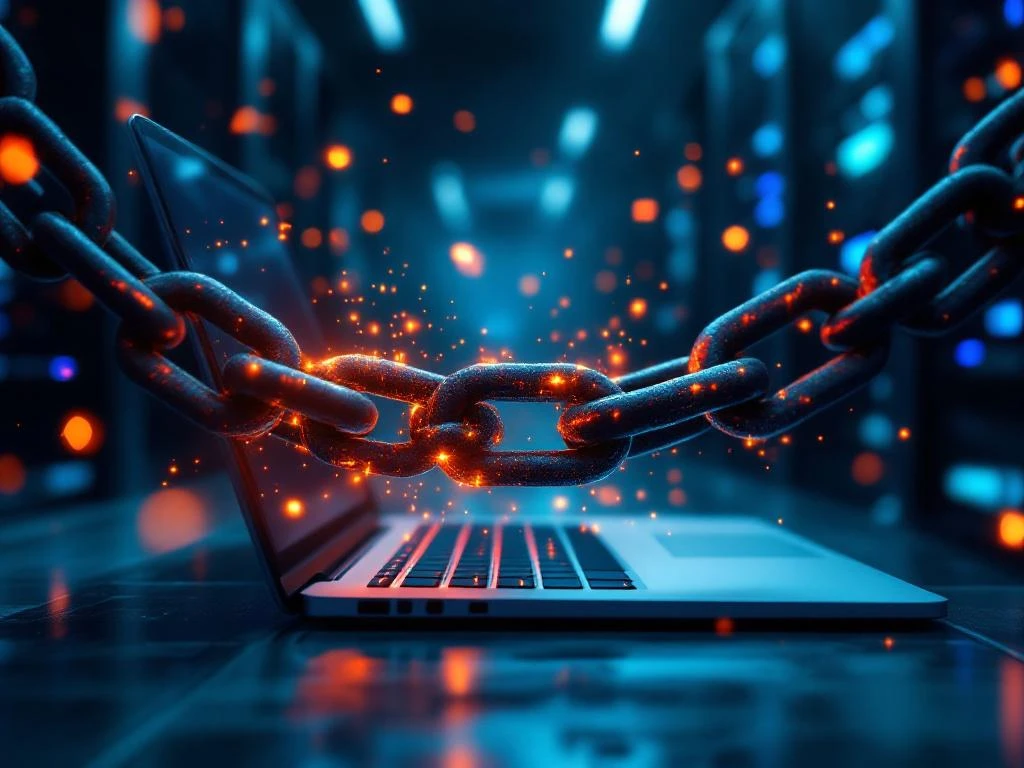 Laptop vastgeketend met zware metalen kettingen, één schakel gloeit roodheet en staat op breken in serveromgeving