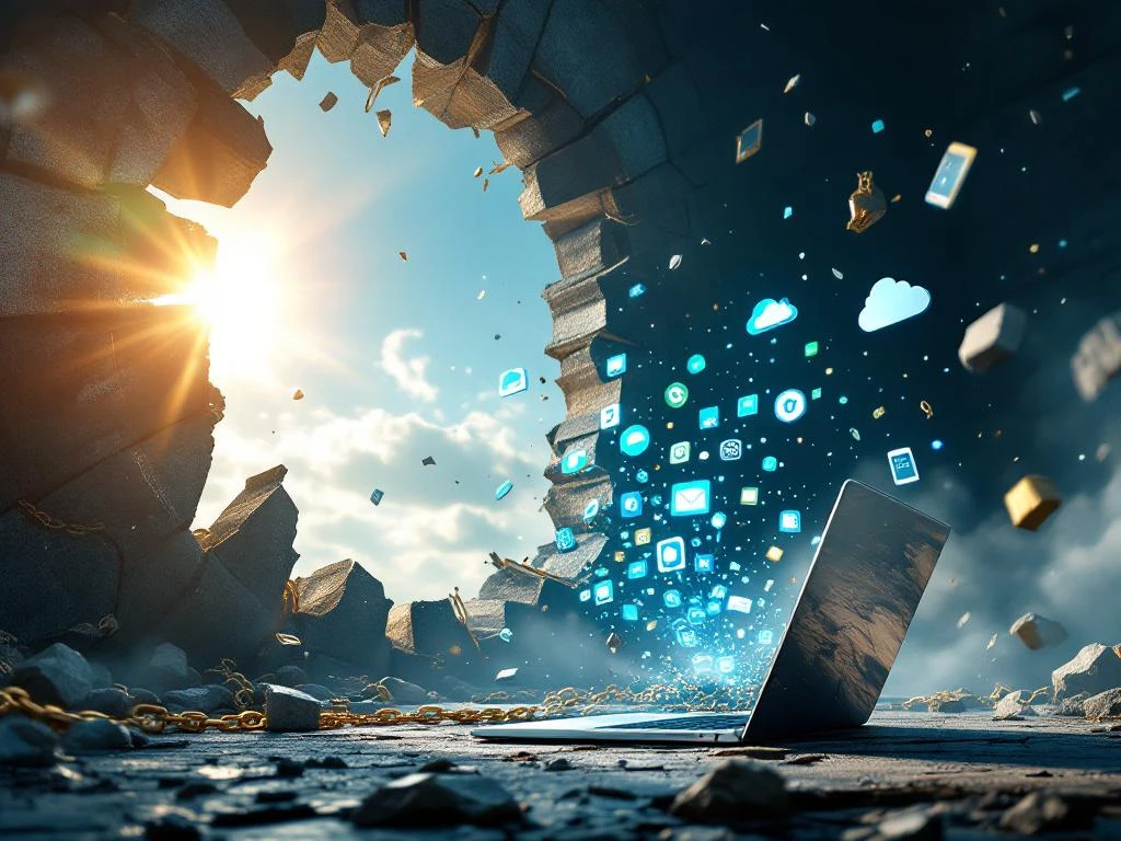 Laptop met datastromen terwijl stalen kooi breekt, gouden ketenen vallen weg, zonlicht verlicht digitale iconen