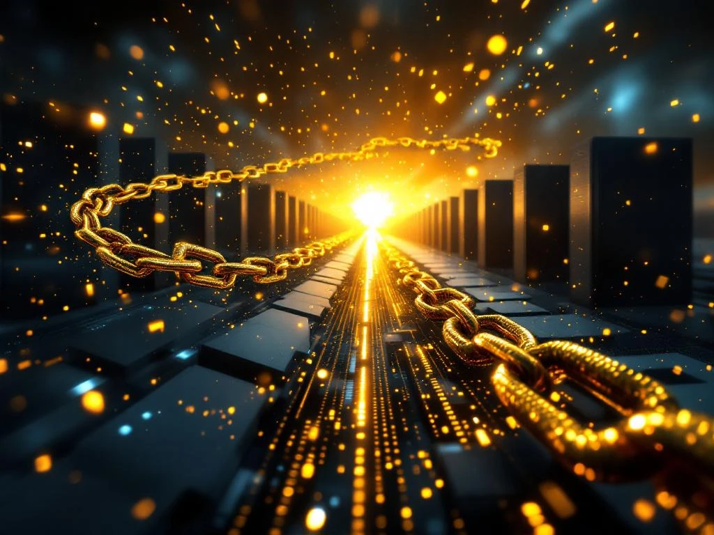 Gouden digitale ketens breken uiteen met lichtstralen, pijlen leiden naar verlichte horizon vanuit donkere serverstructuren