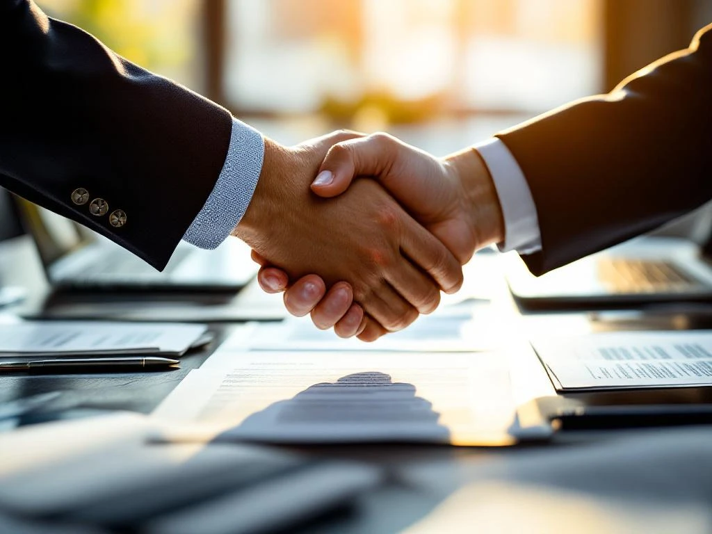 Zakelijke handdruk boven conferentietafel met contractdocumenten en laptop op achtergrond