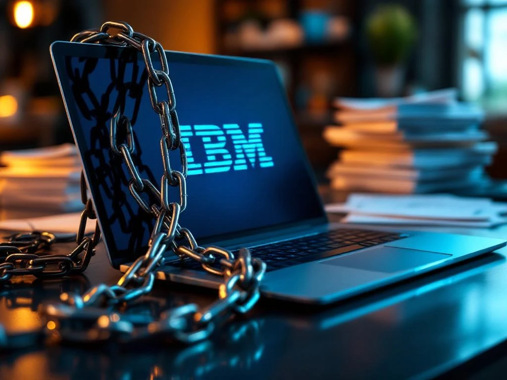 Laptop met IBM-logo omwikkeld door zware metalen kettingen op zakelijk bureau met contractdocumenten op achtergrond