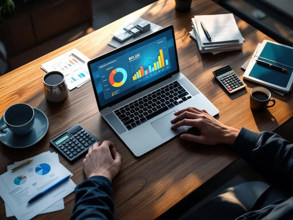 Moderne zakelijke laptop met kleurrijke budgetgrafieken op uitvoerend bureau met IT-licentiedocumenten en calculator