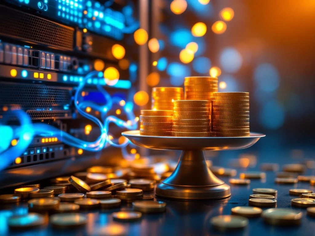 Serverracks met glasvezelkabels en gouden munten die omhoog stromen, digitale weegschaal balanceert IT-infrastructuur tegen geld