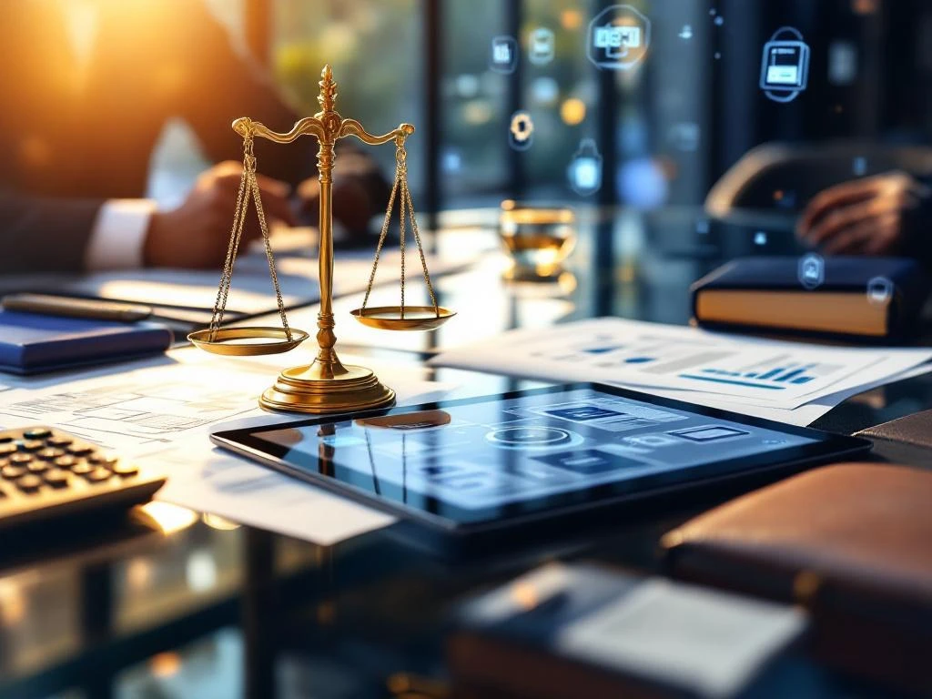 Weegschaal van justitie op conferentietafel met juridische documenten, tablet met licentie-diagrammen en IT-consultancy materialen