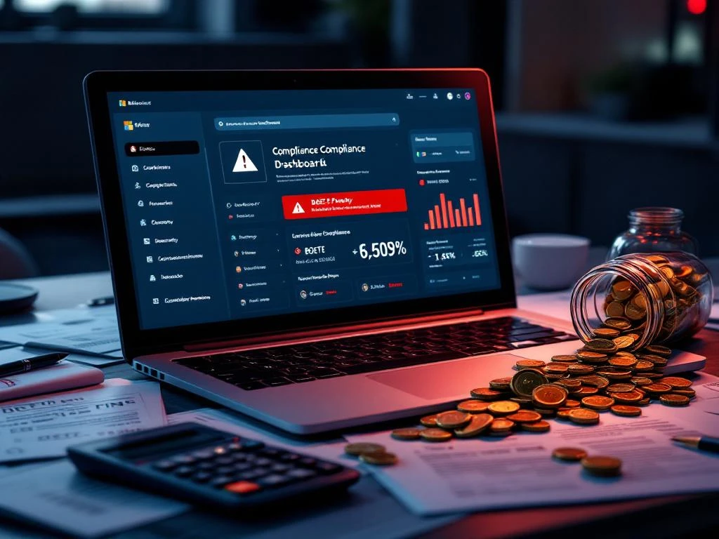 Laptop toont Microsoft compliance dashboard met rode waarschuwingen naast documenten met boetestempels en gouden munten