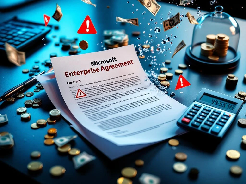 Microsoft Enterprise Agreement contract op bureau met wegstromende geldmunten en beschermde stapel geld onder glazen koepel