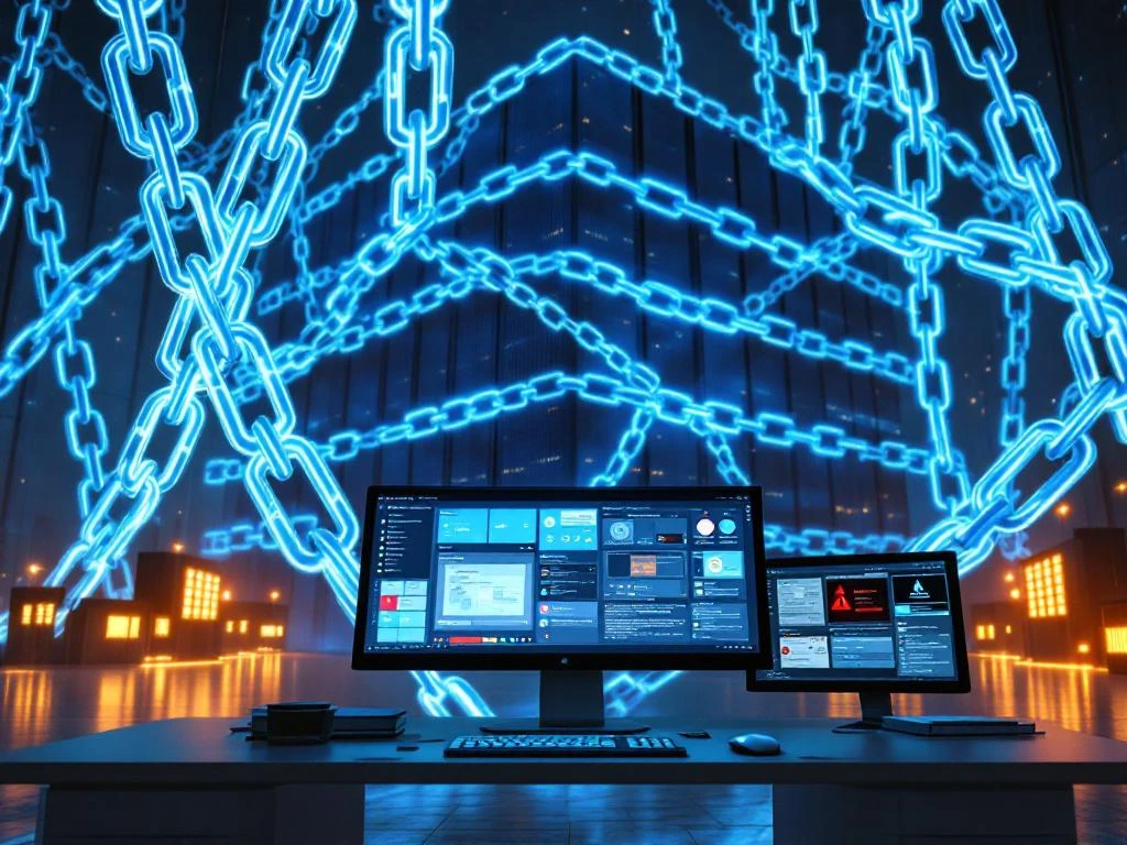 Microsoft Office-gebouw omwikkeld met blauwe ketens, bureauschermen tonen waarschuwingen, gouden ontsnappingsroutes op achtergrond