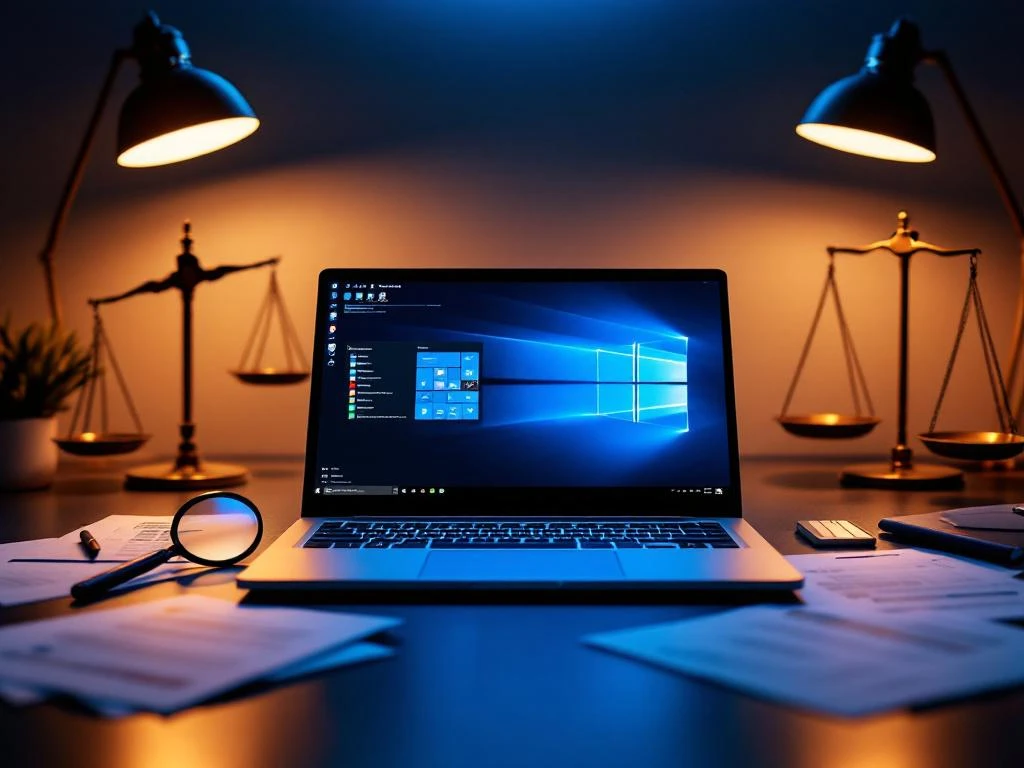 Laptop met Microsoft interface en audit documenten op moderne kantoorbureau met weegschaal en vergrootglas