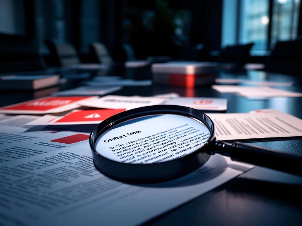 Bestuurskamertafel met Microsoft softwareboxen, contracten en vergrootglas over kleine lettertjes met rode waarschuwingssymbolen