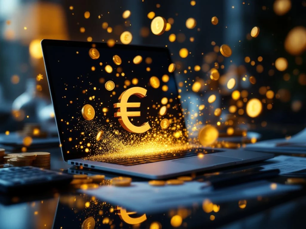 Laptop met Microsoft-logo omringd door gouden munten en euro-symbolen op glazen bureau met calculator en documenten