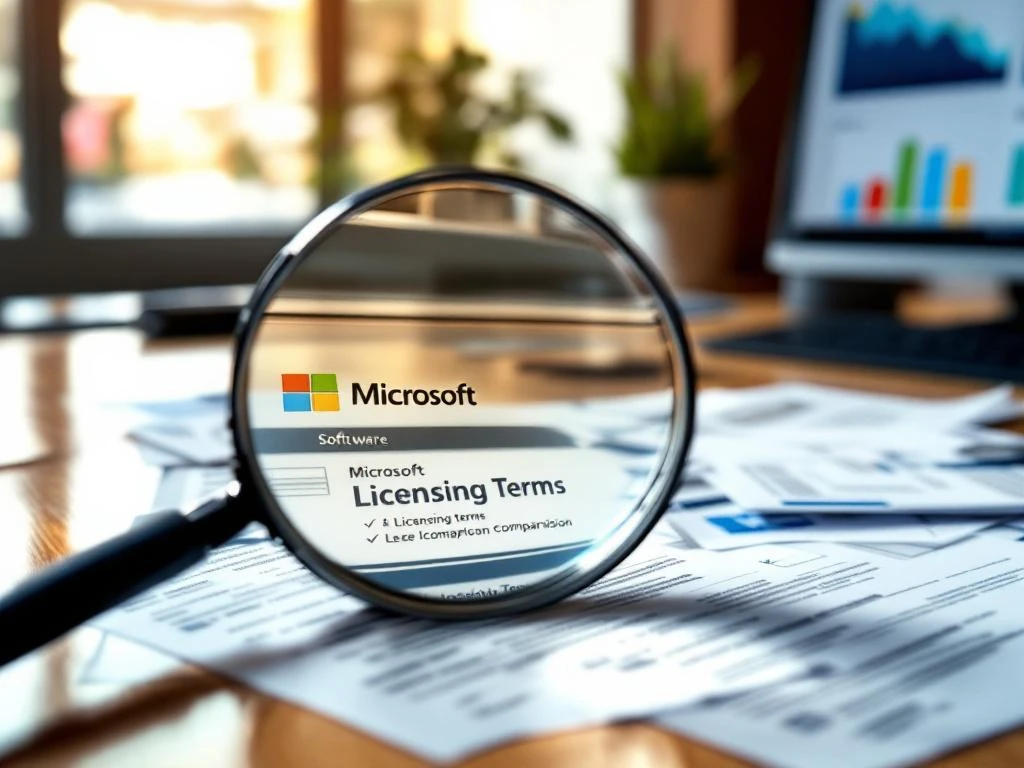 Microsoft software licentiedozen en certificaten op houten bureau met vergrootglas en vergelijkingsgrafieken op scherm