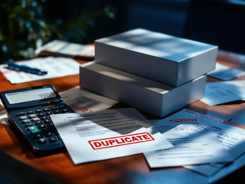 Twee overlappende Microsoft Office softwareboxen op houten bureau met rekeningen en rode "DUPLICATE" stempel