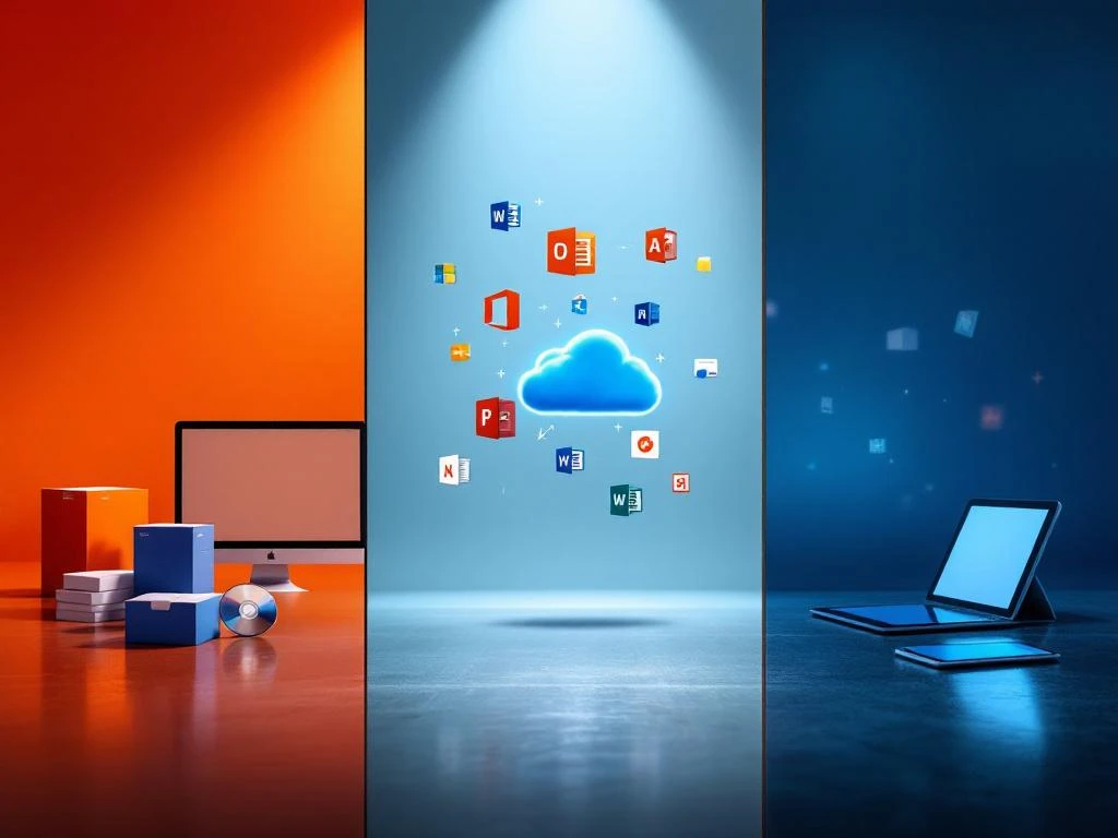 Drie Microsoft Office-omgevingen: traditionele desktop, moderne cloud-workspace en mobiele opstelling met tablets