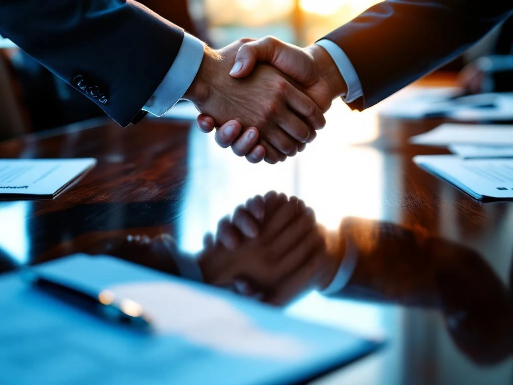 Twee professionele handen in handdruk over vergadertafel met Microsoft logo weerspiegeling en contractdocumenten