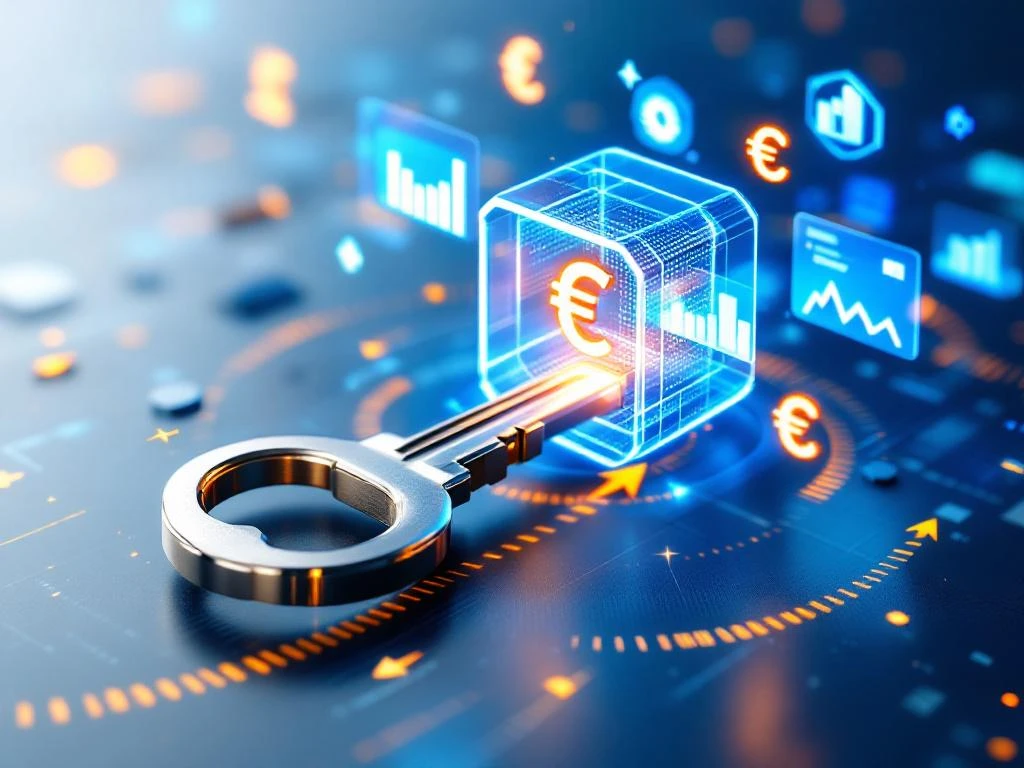 Microsoft Power BI interface met 3D datavisualisaties, metalen sleutel die digitale kluis met euro's ontgrendelt voor licentie-optimalisatie