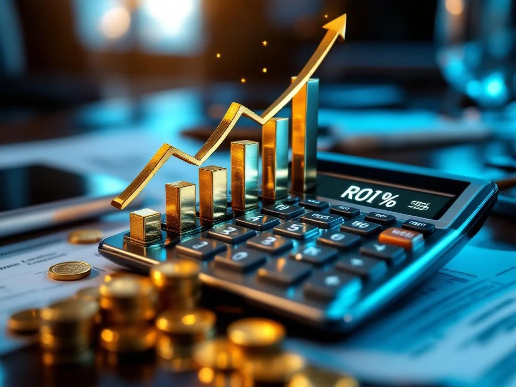 Calculator toont "ROI%" op scherm met gouden munten en stijgende grafieken, omringd door softwarelicentie documenten