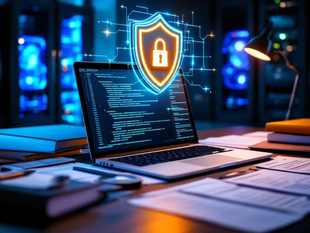 Moderne kantoorwerkplek met laptop met code, compliance documenten, vergrootglas en digitaal beveiligingsschild hologram