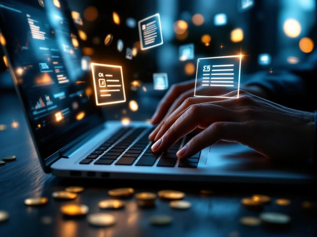 Handen typen op laptop met zwevende softwarelicentie documenten en gouden munten op bureau, kostenoptimalisatie concept