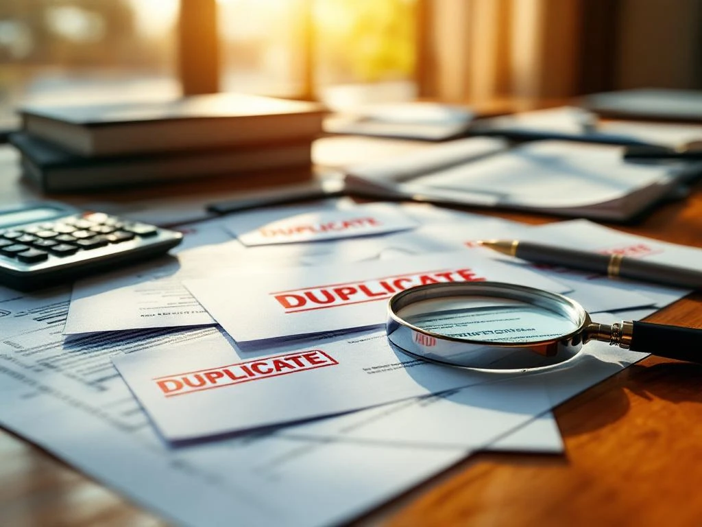 Softwarelicentiecontracten met rode "DUPLICAAT" stempels op houten bureau, met vergrootglas en calculator voor analyse