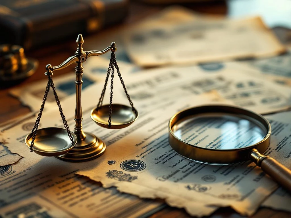 Weegschaal van Justitie en juridische documenten op houten bureau met vergrootglas voor softwarelicentie-onderzoek