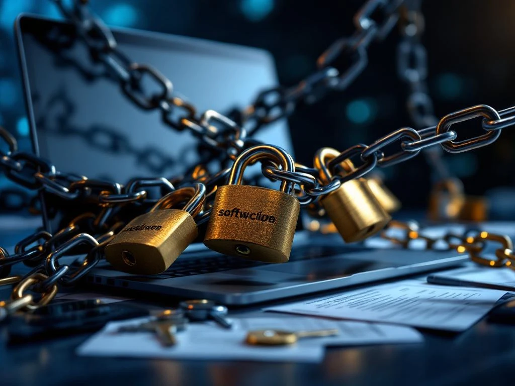 Laptop omwikkeld met metalen kettingen en gouden hangsloten met softwaresymbolen, contractdocumenten op de voorgrond