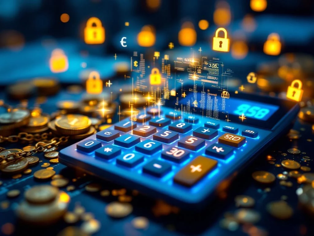 Calculator met blauwe cijfers omringd door gouden munten, euro-symbolen en Microsoft licentie-iconen voor kostenanalyse