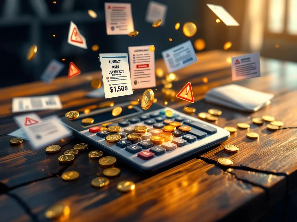 Gloeiende rekenmachine op houten bureau met zwevende digitale contracten, gouden munten en waarschuwingssymbolen