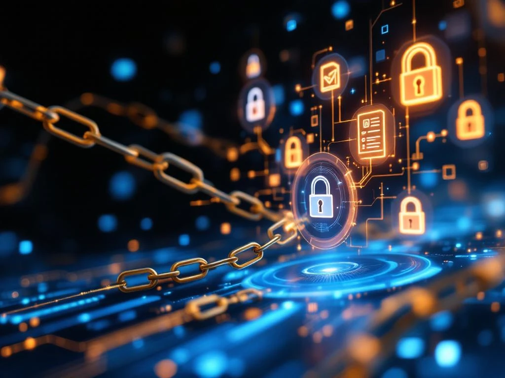 Digitaal dashboard in de ruimte toont software licentie-iconen en contracten als hologrammen met blauwe en zilveren kleuren