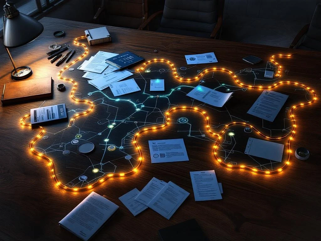 Wegenkaart op houten tafel met softwarelicenties, contracten, kompas en vergrootglas in gouden licht