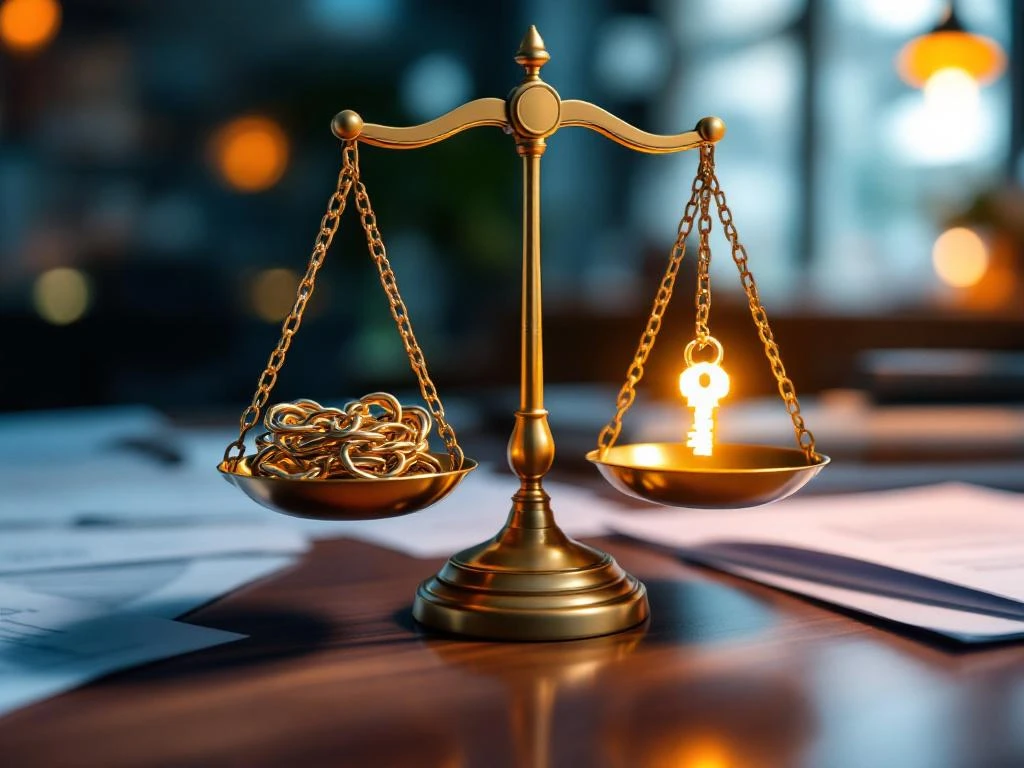 Gouden weegschaal op mahonie bureau met kettingen en sleutel, juridische documenten eronder, moderne kantooromgeving