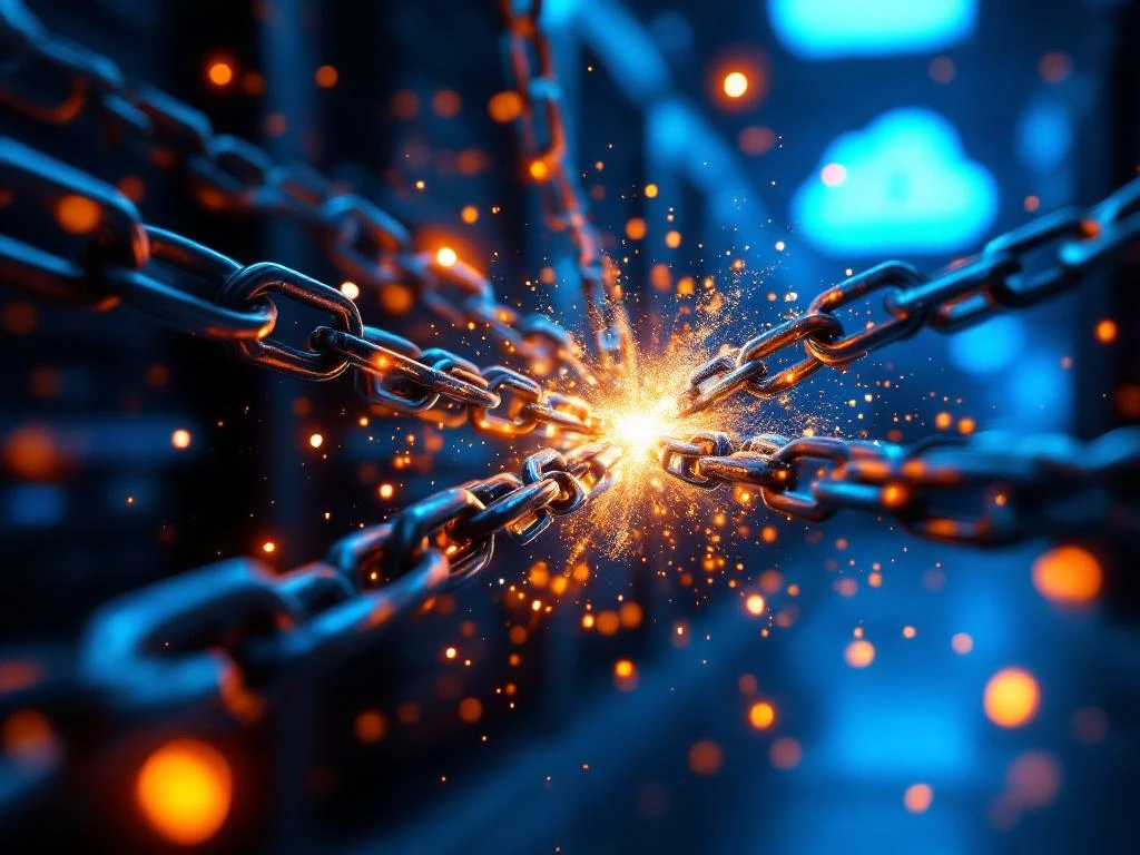 Metalen kettingen en hangsloten breken uiteen in digitale deeltjes met blauwe cloudverlichting en serverachtergrond