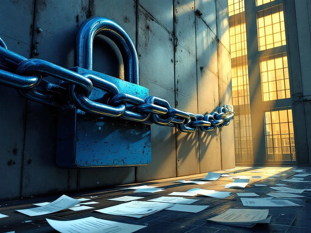 Modern kantoorgebouw omwikkeld door grote blauwe ketting met documenten in voorgrond, symboliseert vendor lock-in