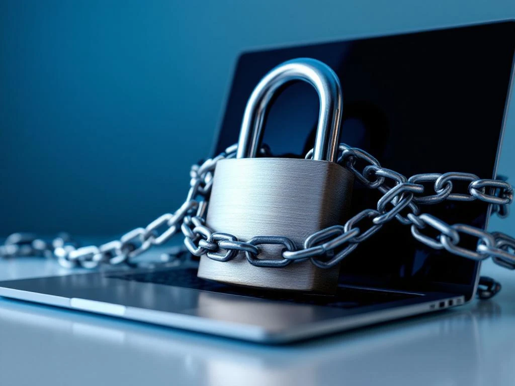 Laptop beveiligd met dikke metalen kettingen en groot stalen hangslot, symboliseert vendor lock-in in bedrijfssoftware