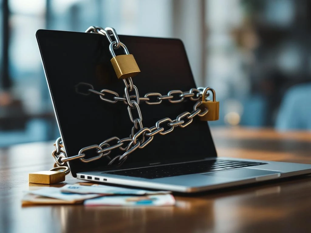 Laptop vastgeketend met gouden hangsloten op houten bureau met eurobiljetten, symboliseert vendor lock-in kosten