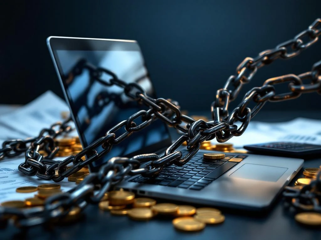 Laptop omwikkeld met zware metalen kettingen, gouden munten eronder, symboliseert vendor lock-in kosten en beperkingen