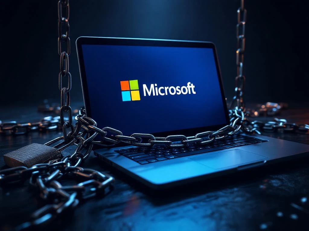Laptop met Microsoft-logo omwikkeld met metalen kettingen en hangsloten, symboliseert vendor lock-in in zakelijke IT