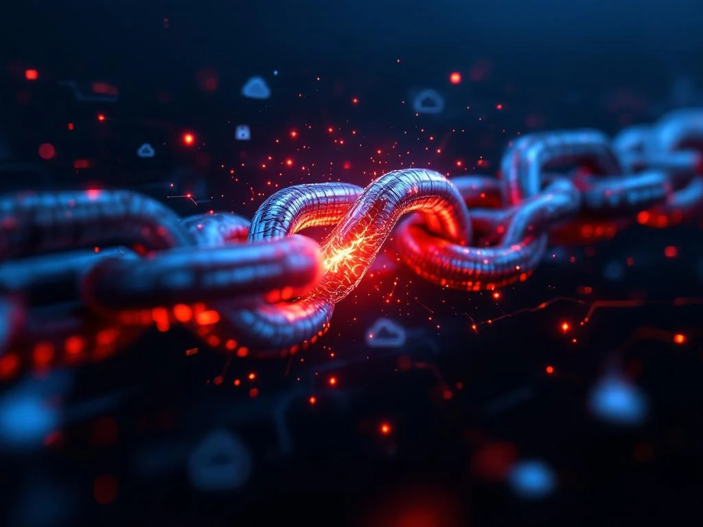 Stalen ketting met gloeiende rode schakel die breekt, omringd door cloud en SaaS pictogrammen op donkere achtergrond