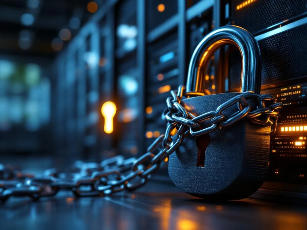 Digitaal hangslot van metalen kettingen rond moderne server symboliseert vendor lock-in, gouden sleutel op achtergrond