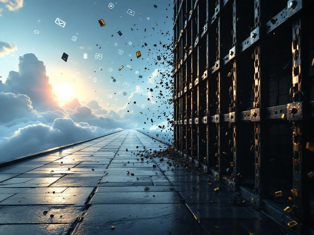 Stalen kooi lost op met brekende gouden ketenen terwijl technologie-iconen naar open horizon leiden