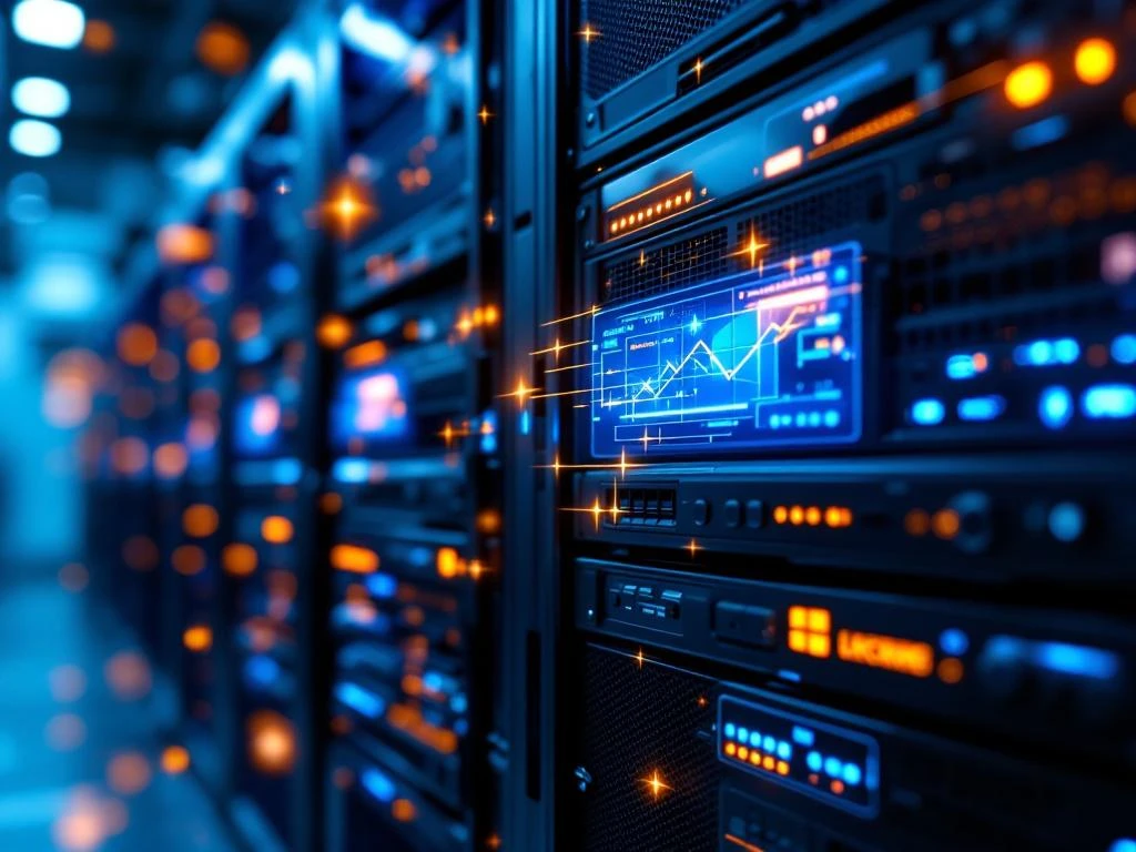 Windows Server rack in datacenter met LED-statuslichten en gouden optimalisatiepijlen voor licentie-efficiëntie