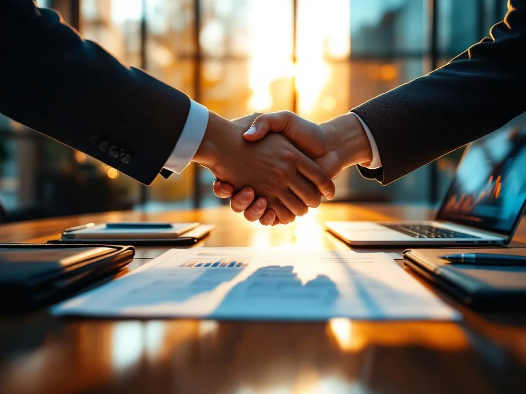 Twee professionals schudden handen boven contractdocumenten op conferentietafel in modern kantoor met zonlicht