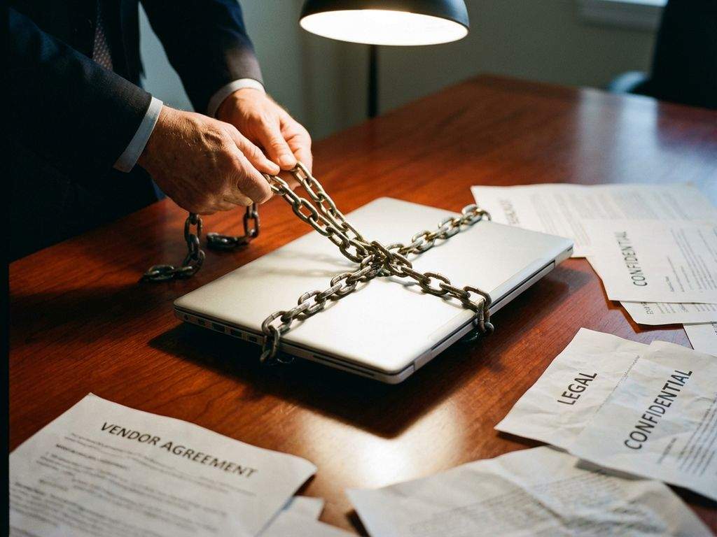 Laptop vastgeketend met zware metalen kettingen op mahonie bestuurstafel met contracten en juridische documenten