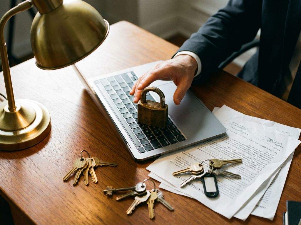 Zakelijke hand boven messing hangslot op laptop toetsenbord met kleurrijke sleutels en contractdocumenten op bureau